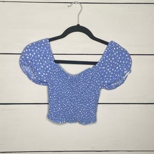 cropped blue floral off the shoulder ruffle top